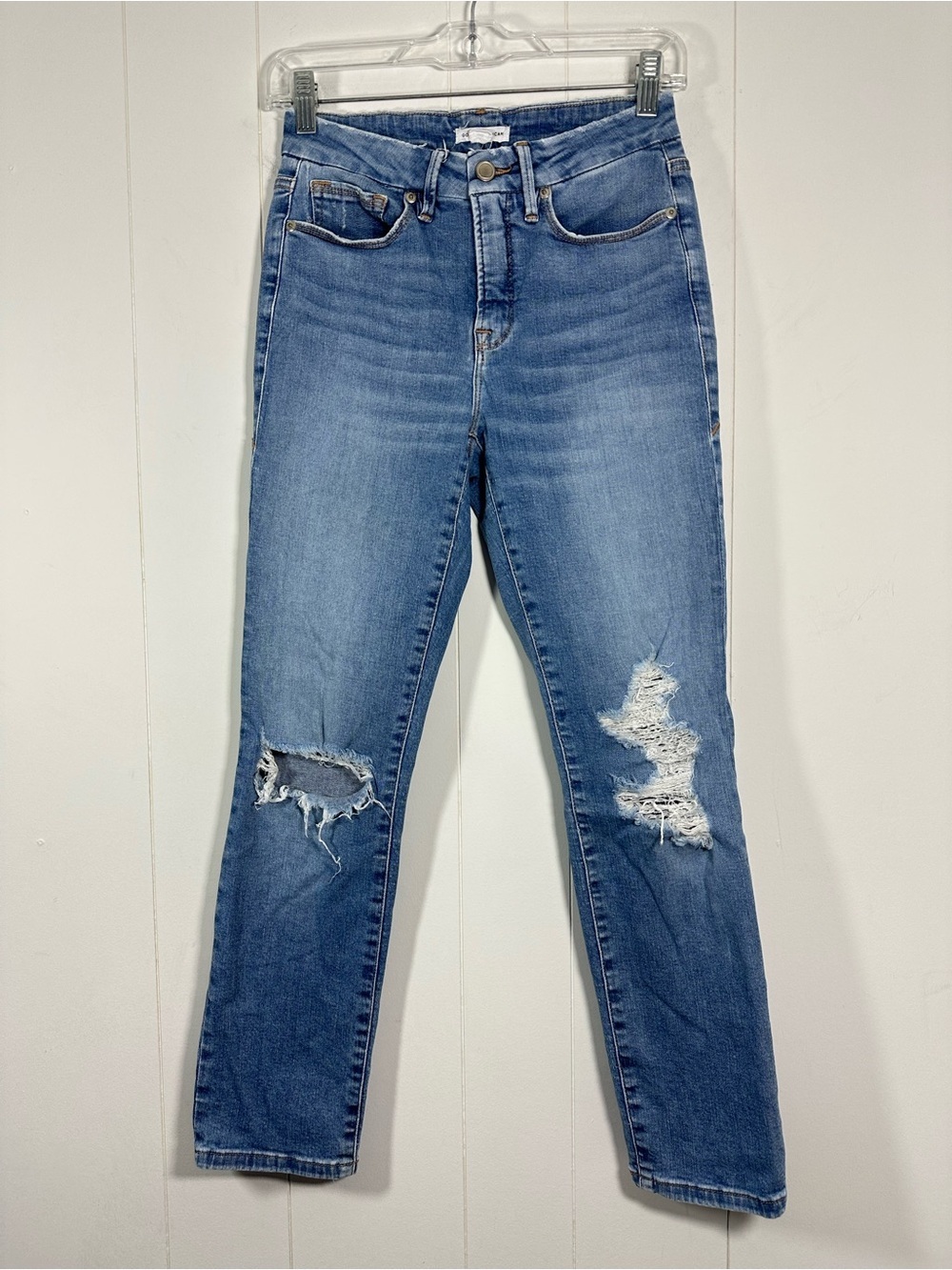 Good American Sz 0/25 Women's Distressed Denim Jeans Blue High Rise Stretch